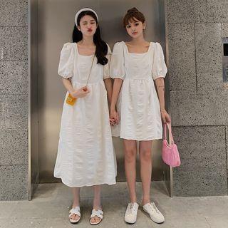 Plain Puff-sleeve Square-neck A-line Dress