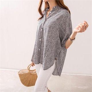 Mandarin-collar 3/4-sleeve Striped Loose-fit Shirt