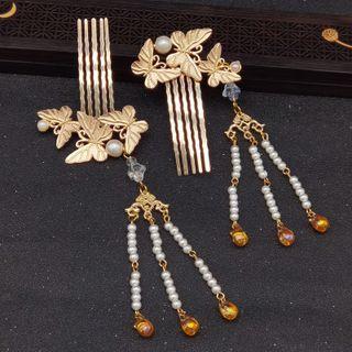 Set Of 2: Butterfly Beaded Headpiece Set - M105 - 1 Pair - White Beaded - Gold - One Size