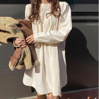 Long-sleeve Pleated Loose Fit Dress Almond - One Size