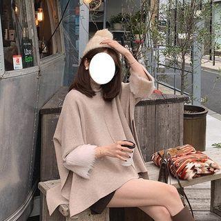 Mock Turtleneck Furry Trim Long-sleeve Knit Top / Wide-leg Shorts