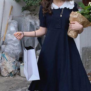Short-sleeve Collared A-line Midi Dress Navy Blue - One Size