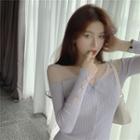 Long-sleeve Buttoned Mesh Panel Knit Top Airy Blue - One Size