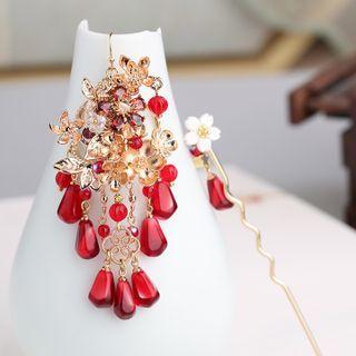 Retro Flower Faux Crystal Fringed Hair Stick Hair Band & Hair Stick - Red & Gold - One Size