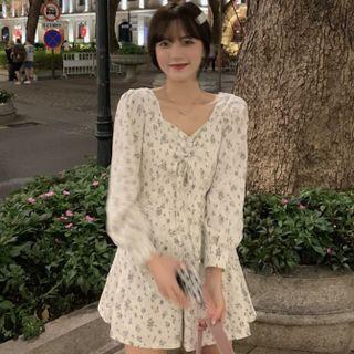 Long-sleeve Square Neck Floral Mini Dress