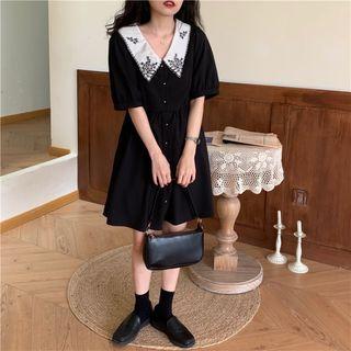 Short-sleeve Embroidered A-line Shirt Dress Black - One Size
