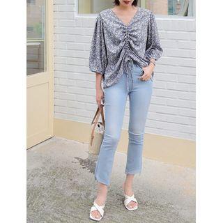 Drawstring Balloon-sleeve Floral Blouse