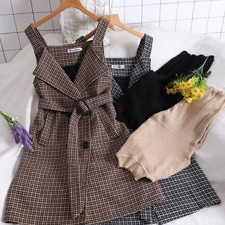 Set Of 2: Mock Neck Knit + Plaid Double-breasted Sleeve Dress