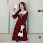 Long-sleeve Two Tone Lace Trim Midi Dress