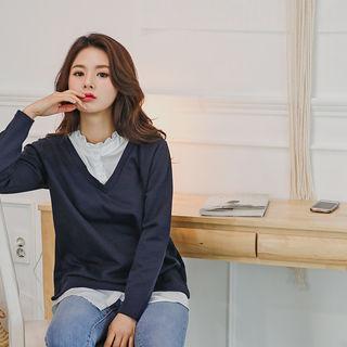 Inset Frill-neck Blouse V-neck Sweater