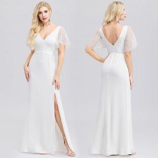 Cap-sleeve Slitted Sheath Evening Gown