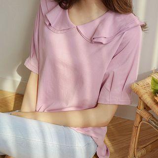 Layered-collar Pleated-cuff T-shirt