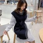 Set: Stripe Shirt Dress + V-neck Long Sweater Vest Blue - One Size
