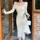 Long-sleeve Off-shoulder V-neck Knit Sheath Dress