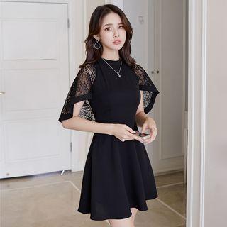 Ruffle Short-sleeve Lace Panel A-line Dress