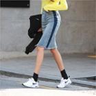 Fringe-hem Contrast-trim Denim Midi Skirt