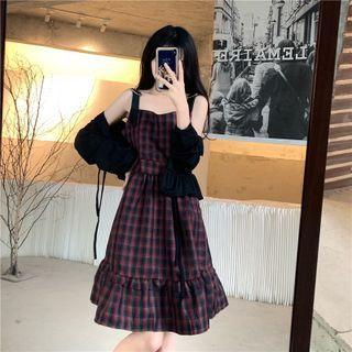 Plaid A-line Overall Dress / Cardigan