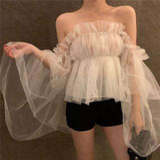 Off-shoulder Ruffle Trim Mesh Top White - One Size
