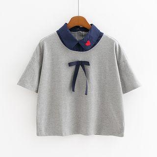 Bow Accent Heart Embroidered Collared Short Sleeve T-shirt