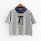 Bow Accent Heart Embroidered Collared Short Sleeve T-shirt