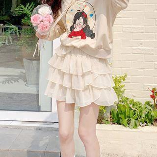 High-waist Plain Chiffon Layered Skirt Milky Almond - One Size