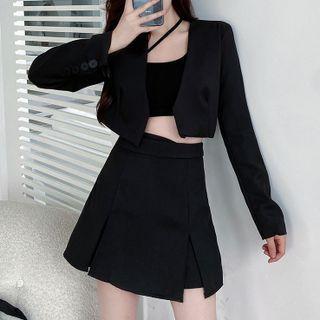 One-shoulder Crop Top / Cropped Blazer / Slit A-line Skirt