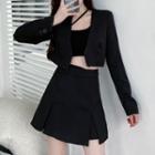 One-shoulder Crop Top / Cropped Blazer / Slit A-line Skirt