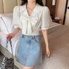 Ribbon Short-sleeve Slim-fit Blouse