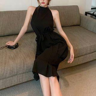 Halter-neck Tie-waist Sheath Dress