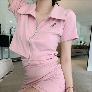 Short-sleeve Zip Cropped Jacket / Mini Pencil Skirt