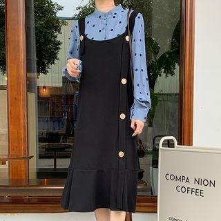 Set: Puff-sleeve Dotted Blouse + Overall Dress