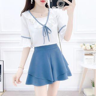 Set: Tie Neck Short-sleeve Top + Ruffle Skort