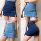High-waist Slit Denim Mini Pencil Skirt