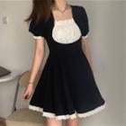 Lace Trim Short-sleeve Mini A-line Dress Black & White - One Size