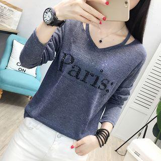 Letter Print Cutout Long-sleeve T-shirt
