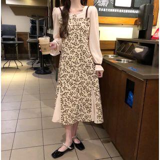 Long-sleeve Floral Printed Mock Two-piece Chiffon Midi Dress