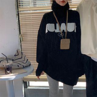 Letter Embroidered Turtleneck Sweater Black - One Size