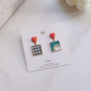 Rabbit & Plaid Square Asymmetrical Dangle Earring