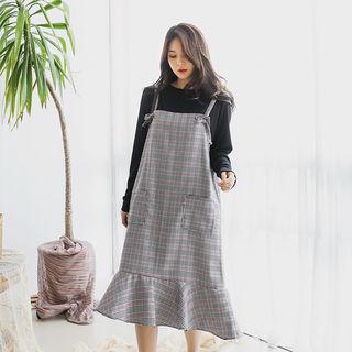 Ruffle-hem Plaid Long Overall Dress