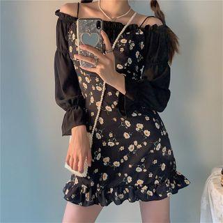 Long-sleeve Off-shoulder Ruffled Top / Floral Ruffled Trim Spaghetti-strap Dress