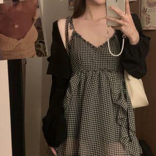 Spaghetti Strap Ruffled Check Mini A-line Dress / Tie-front Cardigan
