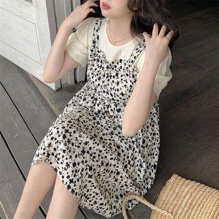 Puff-sleeve Mock Two-piece Floral Dress