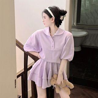 Puff-sleeve Polo-shirt / High-waist A-line Mini Skirt