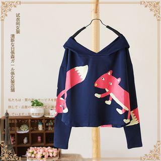 Fox Print Long-sleeve Hooded T-shirt