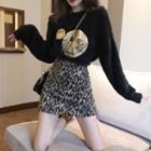 Sequined Furry Sweater / Leopard Print A-line Skirt