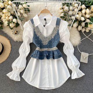 Set: Puff-sleeve Plain Blouse + Faux Pearl Denim Vest