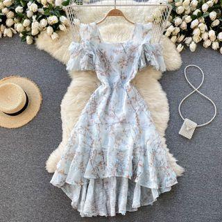 Off-shoulder Petal-accent Print Ruffle Dress