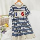 Short-sleeve Numbering Knit Dress Blue & Almond - One Size