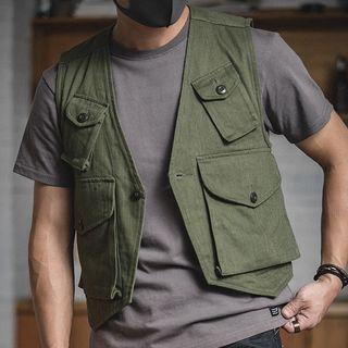 Pocket Detail Single-button Vest Dark Green - Xl