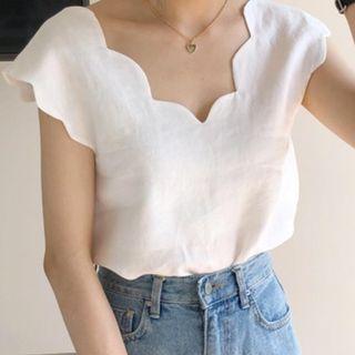 Short-sleeve Wavy Edge Top White - One Size
